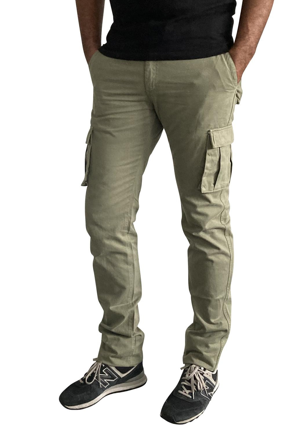Long khaki cargo pants (front view)