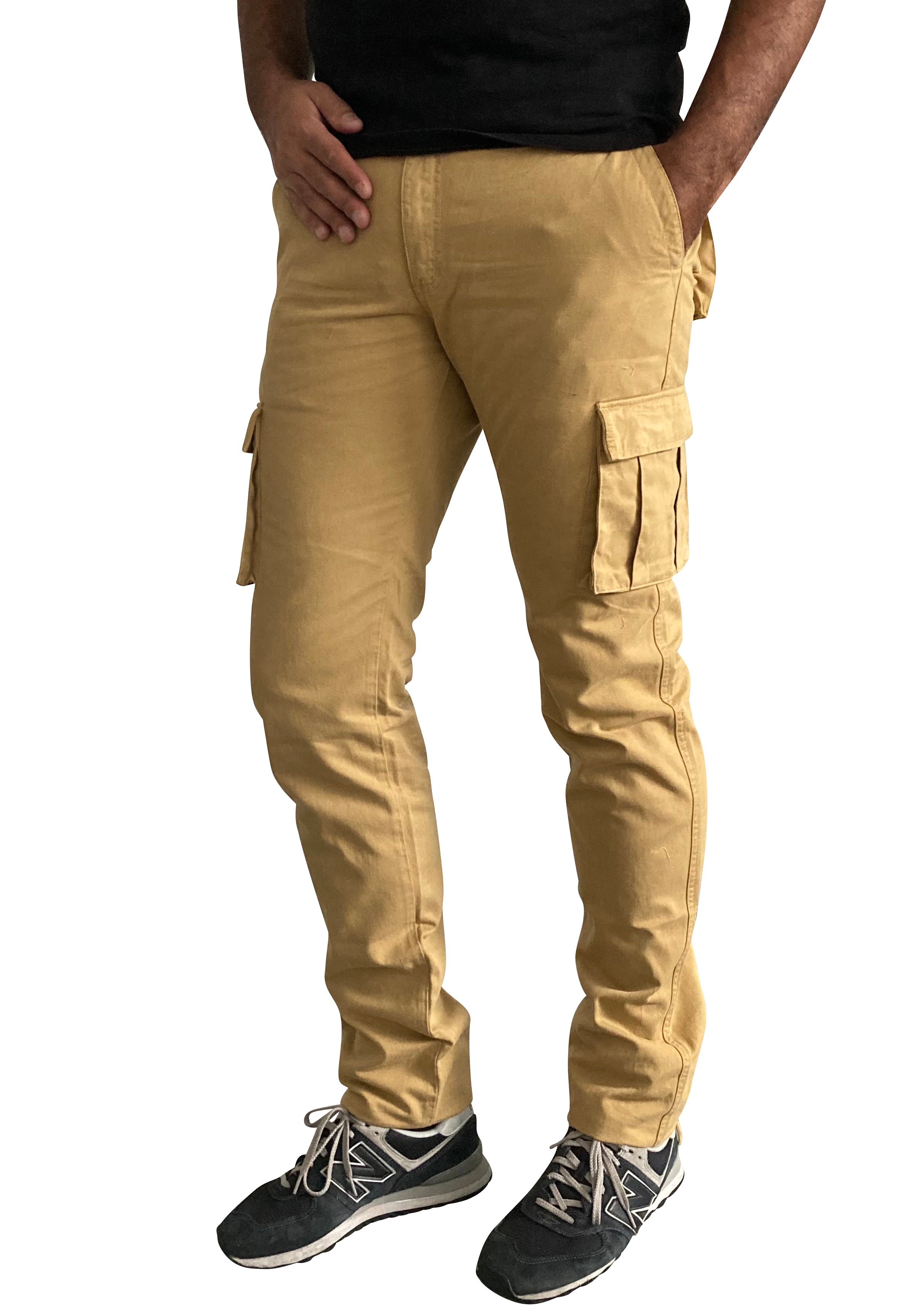 Long, slanted cargo pants with pockets gold