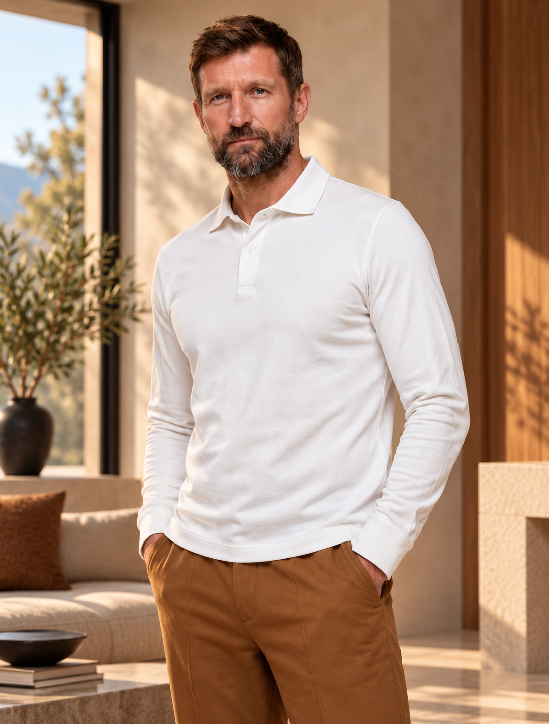 Polo de manga larga con tapeta abotonada — VertigeTall para hombres altos