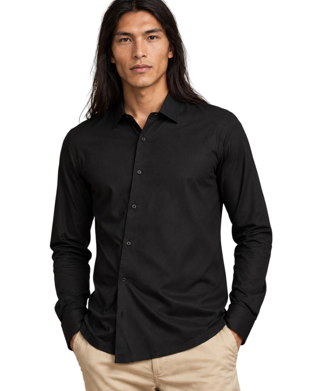 Asymmetric – Chemise noire asymétrique col italien – sur fond blanc