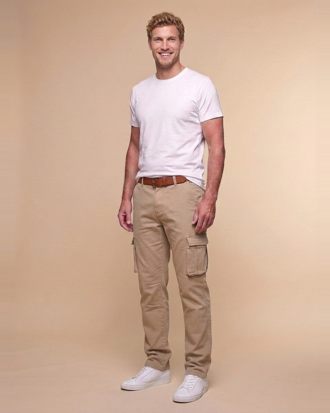 Florent – Pantalon cargo beige grande longueur – vue de face