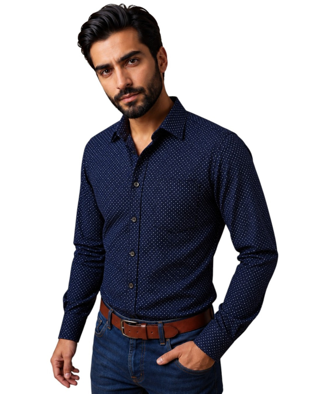 Louis – Chemise bleu nuit à petits points Modern Fit – sur fond blanc