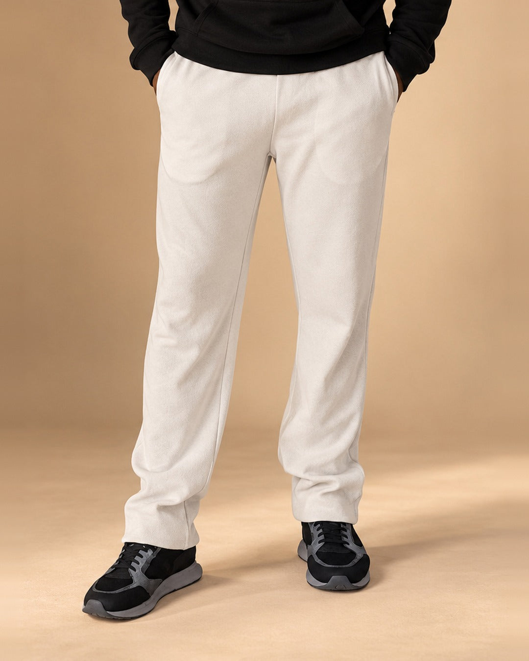 Matteo – Jogging beige en maille côtelée grande longueur – détail du pantalon