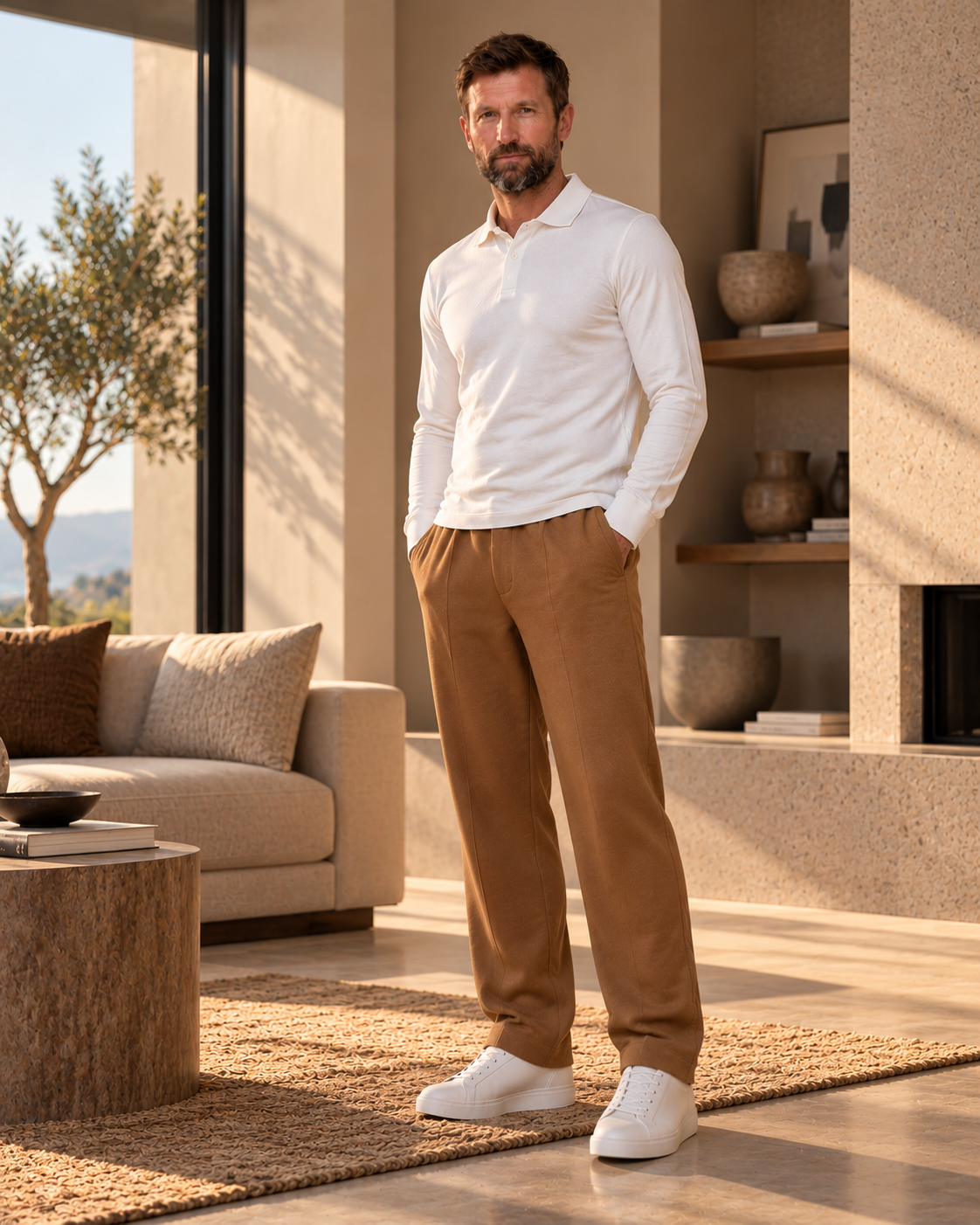 Pantalones chinos de punto color caramelo que lleva un hombre alto