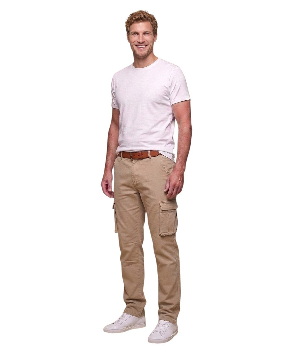 Florent – Pantalon cargo beige grande longueur – sur fond blanc