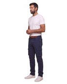 Florent – Navy cargo pants, extra-long – on a white background