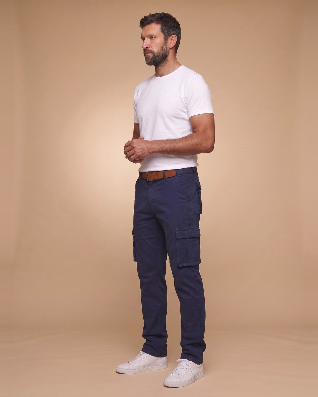 Florent – Navy cargo pants, extra-long – front view