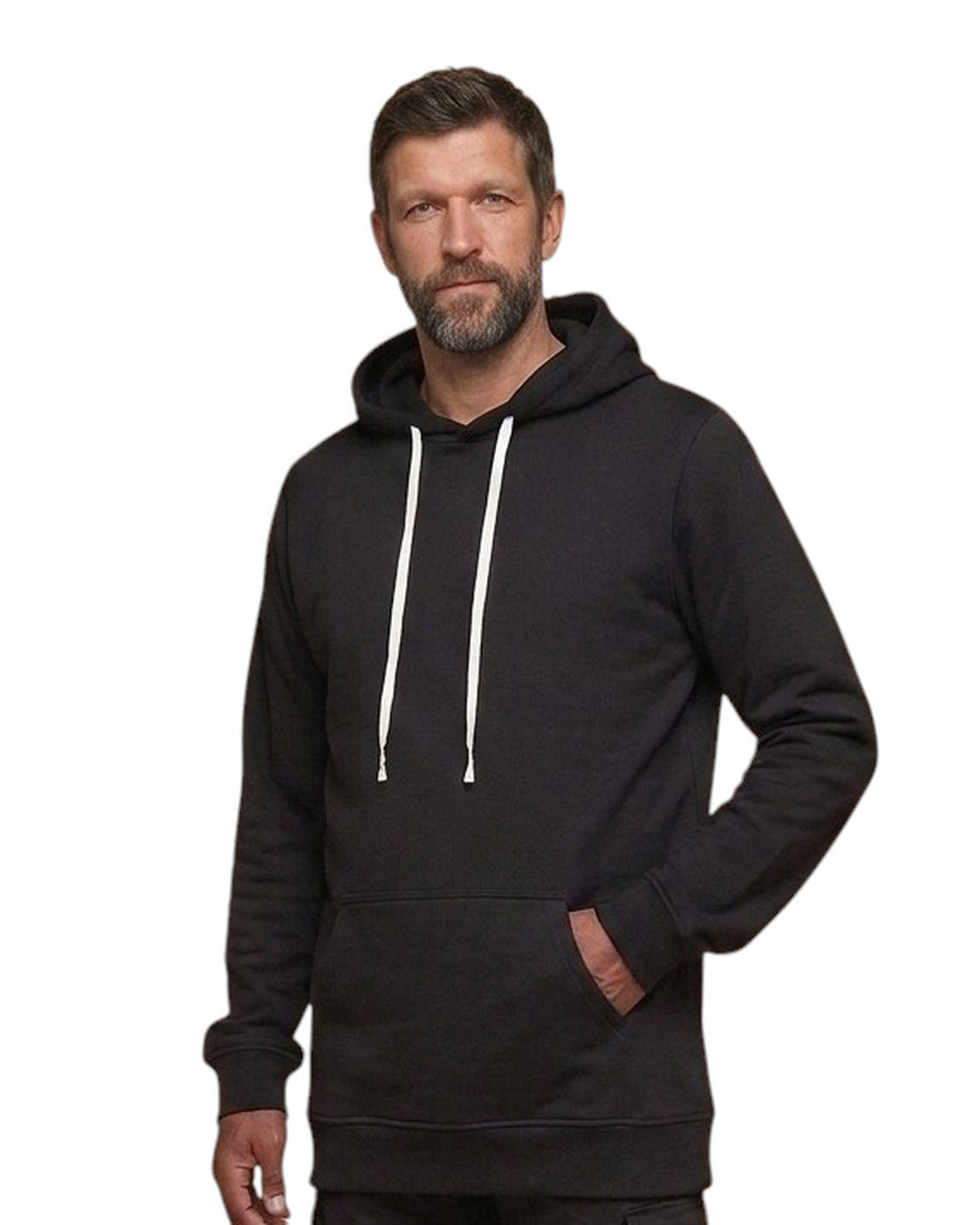 Liam – Sweat à capuche noir grande longueur – sur fond blanc