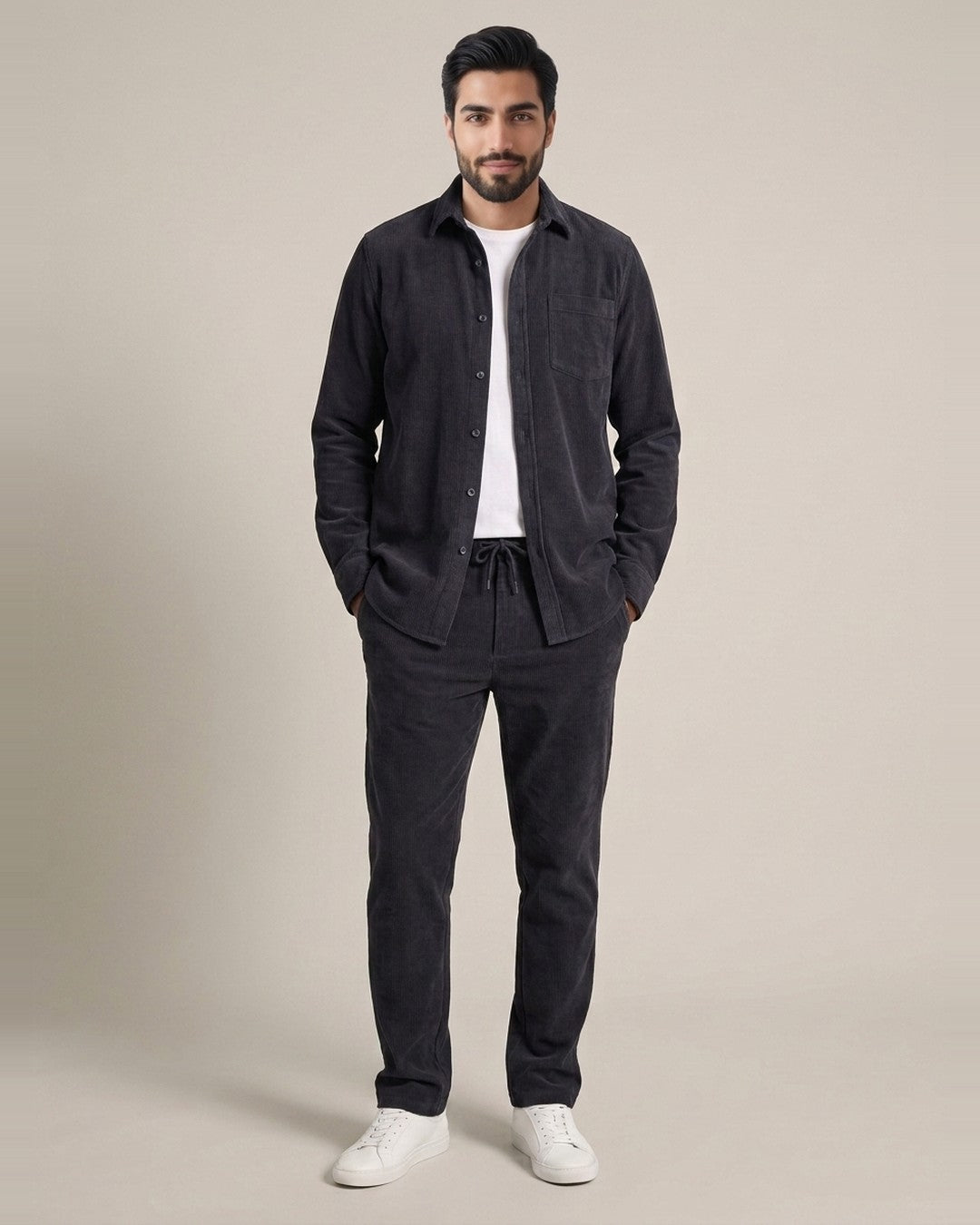 Matteo – Jogging anthracite en maille côtelée grande longueur – tenue complète, vue de face