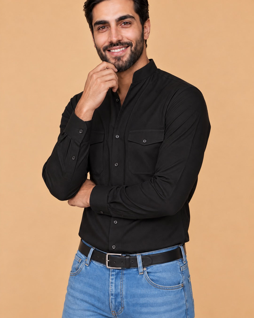 Open – Chemise noire surpiquée col ouvert Modern Fit – vue de face