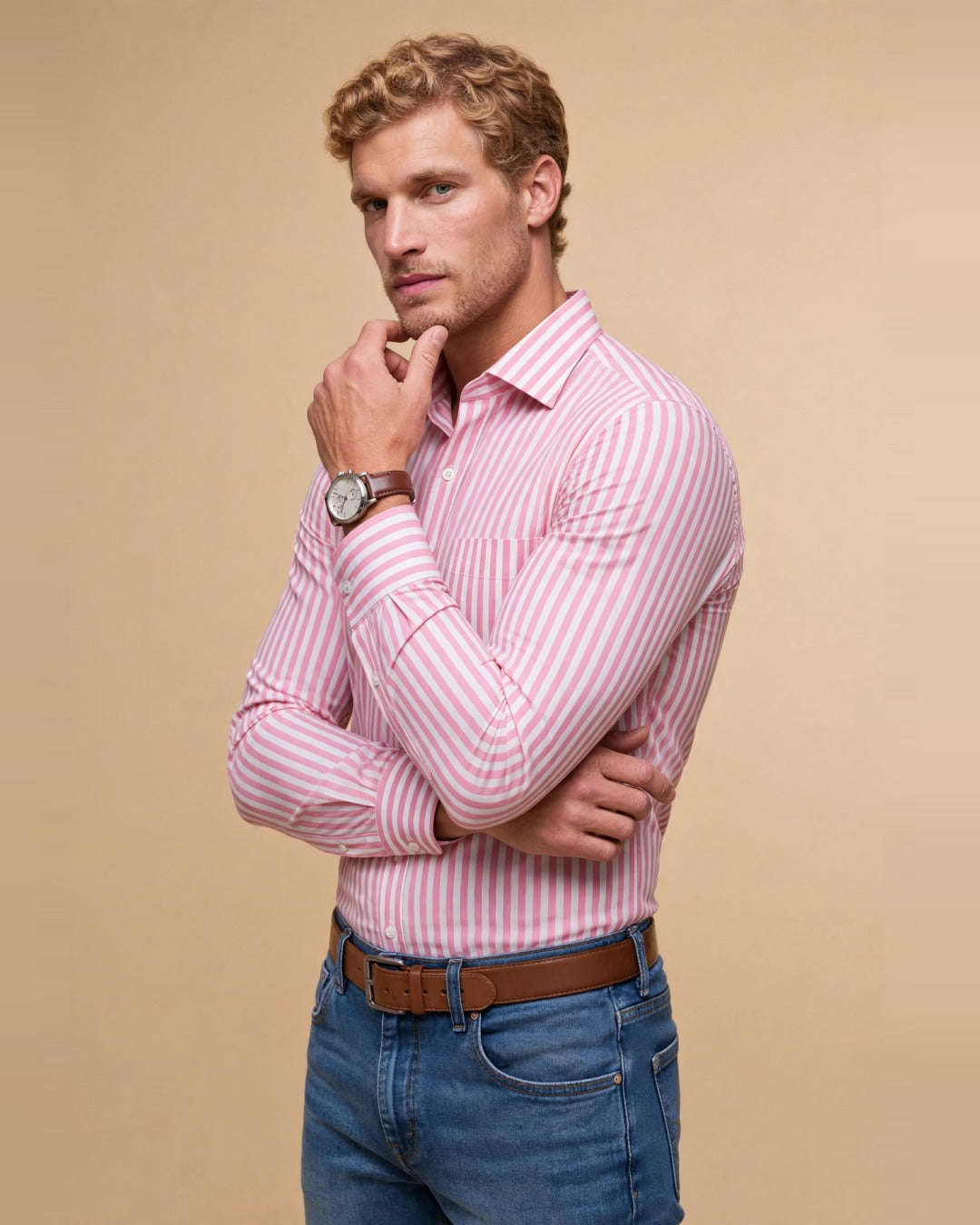 Raphaël – Rosa gestreiftes Hemd in Modern Fit – Dreiviertelansicht